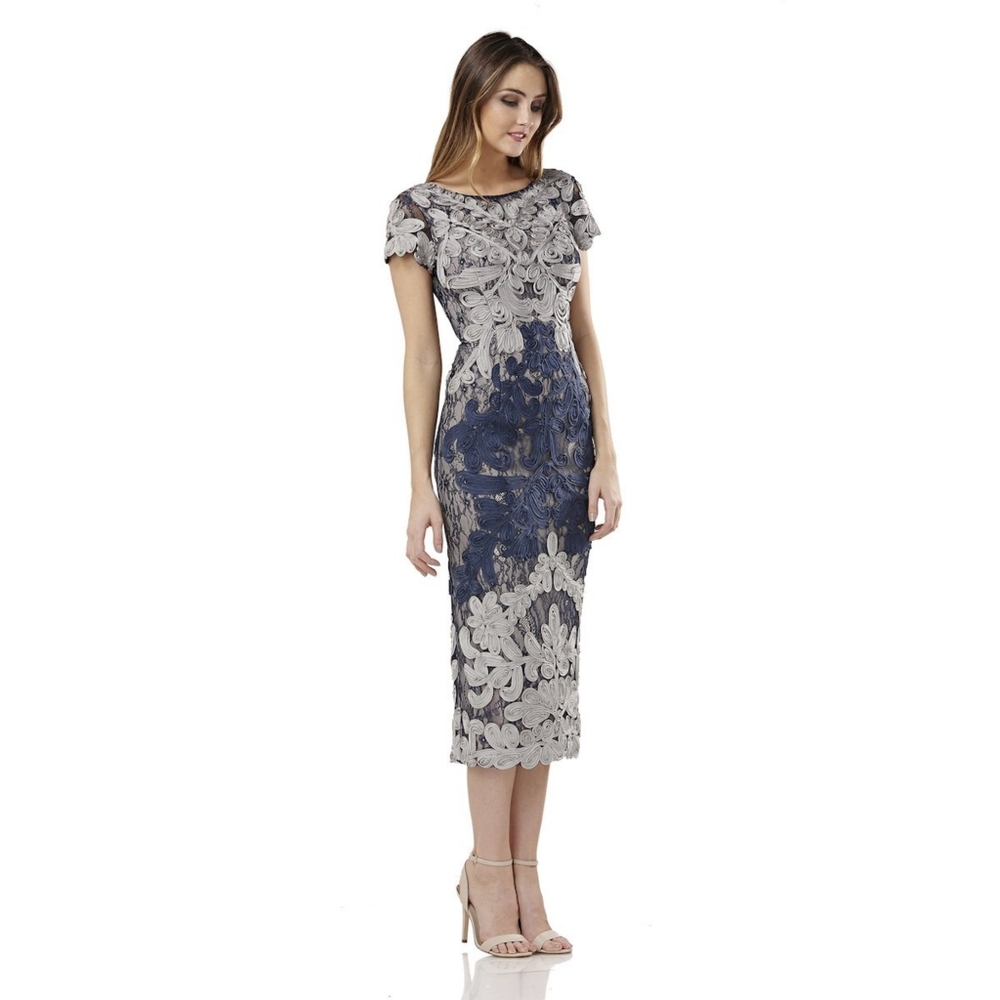 New! JS COLLECTIONS Two-Tone Soutache Embroidered Midi Sheath Dress Size 14
